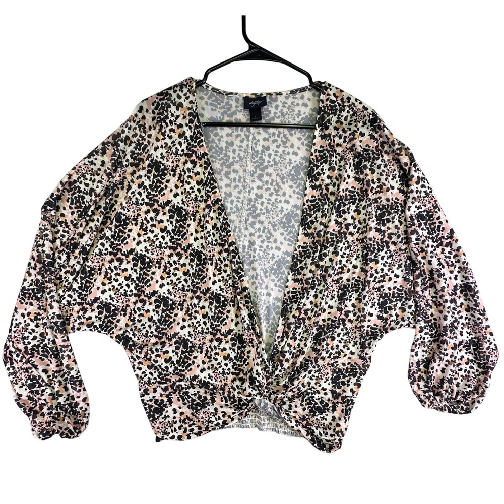 Daytrip Blouse Women's Large Leopard Print‎ Mesh Plunge Neck Dolman Sleeve